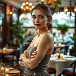 A beautiful female figure standing in a vibrant restaurant setting, showcasing an elegant interior with soft lighting and tasteful decor