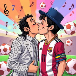 A surreal and humorous scene depicting the legendary singer Michael Jackson sharing a kiss with the renowned footballer Lionel Messi, set against a vibrant, colorful background that includes musical notes and footballs, symbolizing their respective worlds