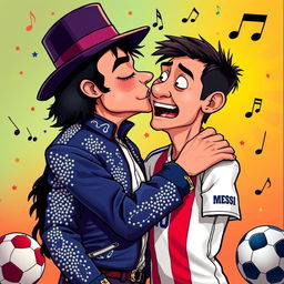 A surreal and humorous scene depicting the legendary singer Michael Jackson sharing a kiss with the renowned footballer Lionel Messi, set against a vibrant, colorful background that includes musical notes and footballs, symbolizing their respective worlds