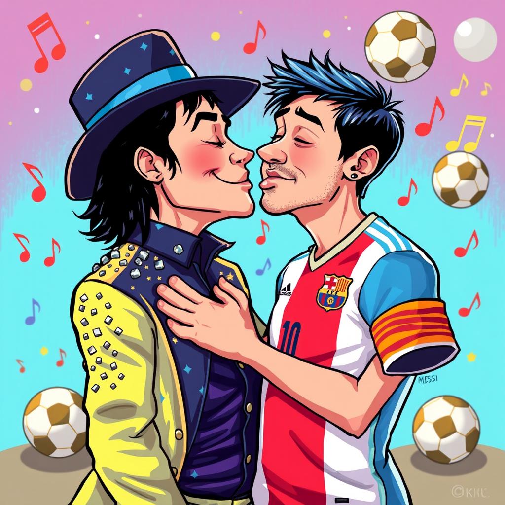 A surreal and humorous scene depicting the legendary singer Michael Jackson sharing a kiss with the renowned footballer Lionel Messi, set against a vibrant, colorful background that includes musical notes and footballs, symbolizing their respective worlds