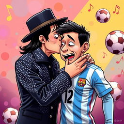 A surreal and humorous scene depicting the legendary singer Michael Jackson sharing a kiss with the renowned footballer Lionel Messi, set against a vibrant, colorful background that includes musical notes and footballs, symbolizing their respective worlds