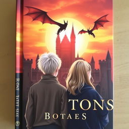 A book cover featuring two siblings with white hair, a boy and a girl, standing back to back