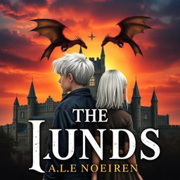 A book cover featuring two siblings with white hair, a boy and a girl, standing back to back