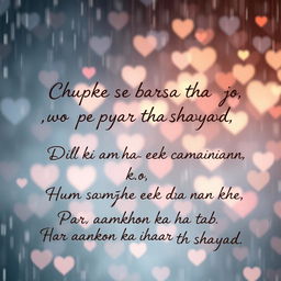 A romantic and poetic background showcasing a soft rainy atmosphere filled with heart shapes and glowing lights