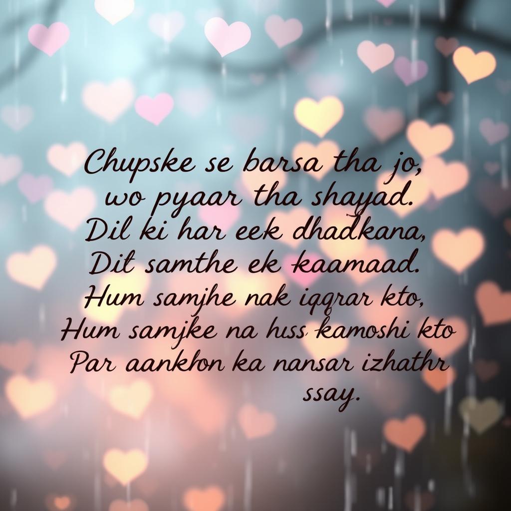 A romantic and poetic background showcasing a soft rainy atmosphere filled with heart shapes and glowing lights