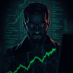 A digital art of a faceless man immersed in coding and trading, embodying a dark theme atmosphere