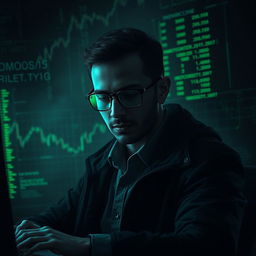 A digital art of a faceless man immersed in coding and trading, embodying a dark theme atmosphere