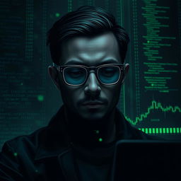 A digital art of a faceless man immersed in coding and trading, embodying a dark theme atmosphere
