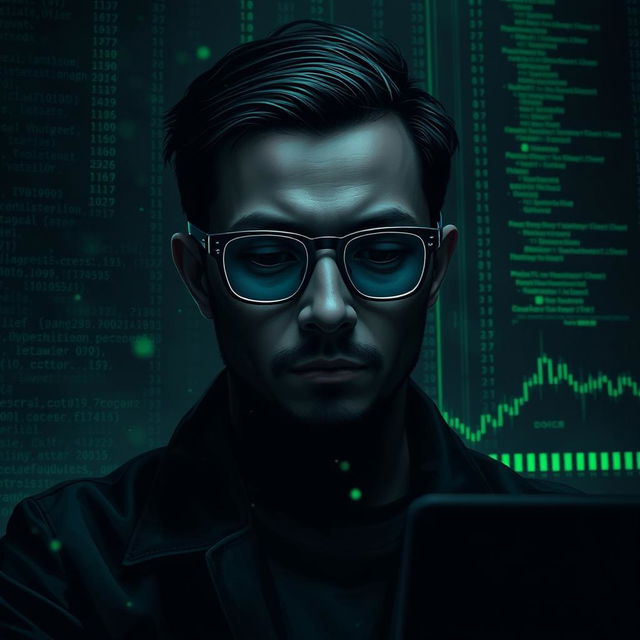 A digital art of a faceless man immersed in coding and trading, embodying a dark theme atmosphere