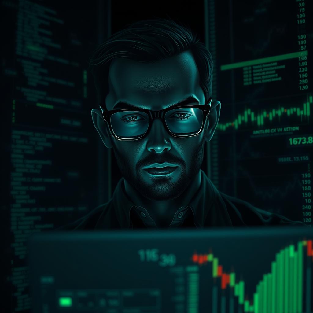 A digital art of a faceless man immersed in coding and trading, embodying a dark theme atmosphere