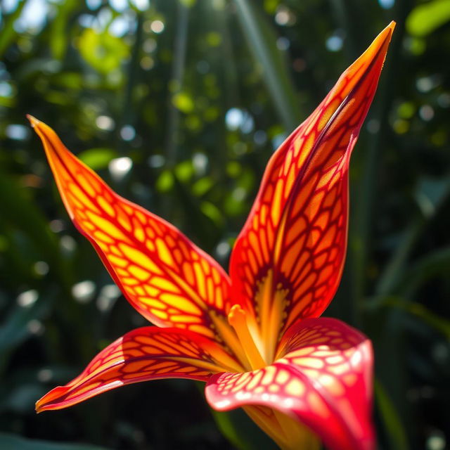 A striking close-up of a beautifully detailed, exotic flower with vibrant colors, showcasing intricate patterns on the petals