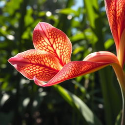 A striking close-up of a beautifully detailed, exotic flower with vibrant colors, showcasing intricate patterns on the petals