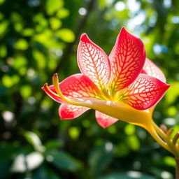 A striking close-up of a beautifully detailed, exotic flower with vibrant colors, showcasing intricate patterns on the petals
