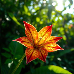 A striking close-up of a beautifully detailed, exotic flower with vibrant colors, showcasing intricate patterns on the petals