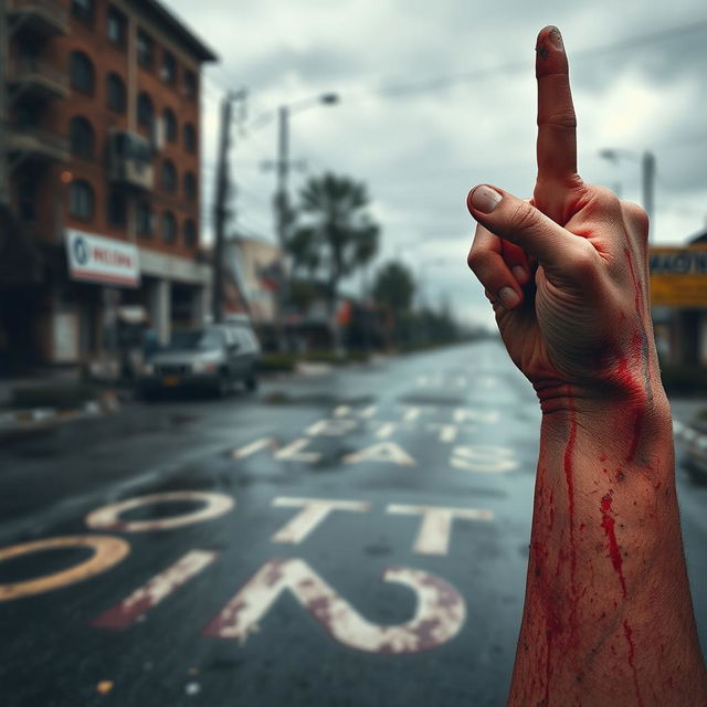 A bloody damaged red hand, prominently displayed in the foreground, pointing to the sky with the Martyrdom finger gesture