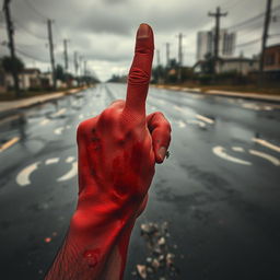 A bloody damaged red hand, prominently displayed in the foreground, pointing to the sky with the Martyrdom finger gesture