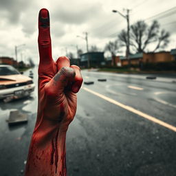A bloody damaged red hand, prominently displayed in the foreground, pointing to the sky with the Martyrdom finger gesture