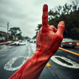 A bloody damaged red hand, prominently displayed in the foreground, pointing to the sky with the Martyrdom finger gesture