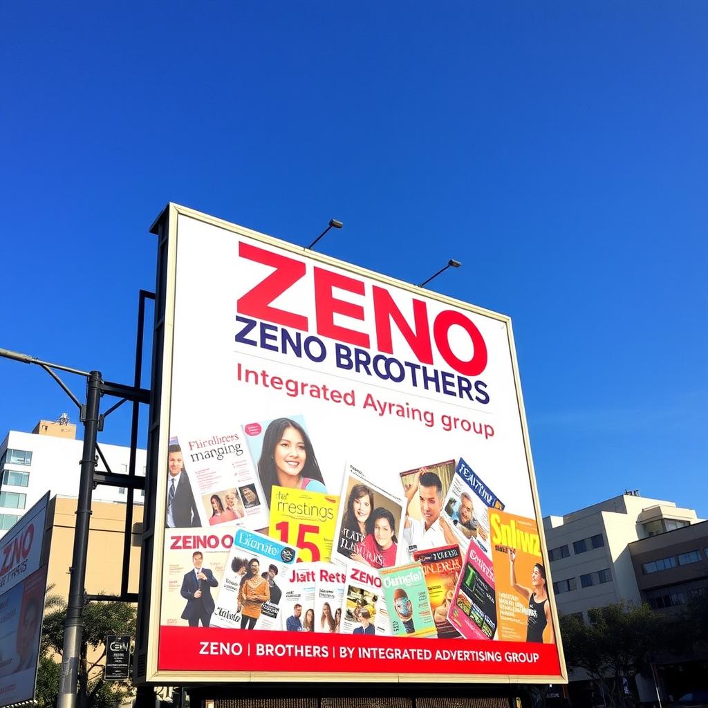 An advertising billboard prominently featuring the name 'Zeno Brothers Integrated Advertising Group' in bold, eye-catching letters