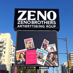 An advertising billboard prominently featuring the name 'Zeno Brothers Integrated Advertising Group' in bold, eye-catching letters