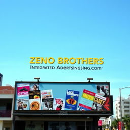 An advertising billboard prominently featuring the name 'Zeno Brothers Integrated Advertising Group' in bold, eye-catching letters