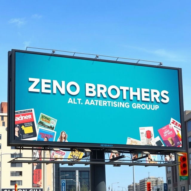 An advertising billboard prominently featuring the name 'Zeno Brothers Integrated Advertising Group' in bold, eye-catching letters