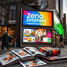 An urban scene featuring a large, colorful advertising billboard prominently displaying the name 'Zeno Brothers Integrated Advertising Group'
