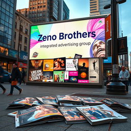 An urban scene featuring a large, colorful advertising billboard prominently displaying the name 'Zeno Brothers Integrated Advertising Group'