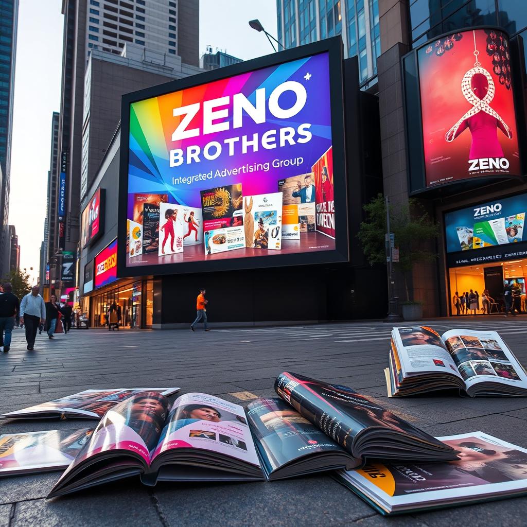 An urban scene featuring a large, colorful advertising billboard prominently displaying the name 'Zeno Brothers Integrated Advertising Group'