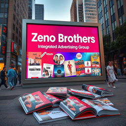 An urban scene featuring a large, colorful advertising billboard prominently displaying the name 'Zeno Brothers Integrated Advertising Group'
