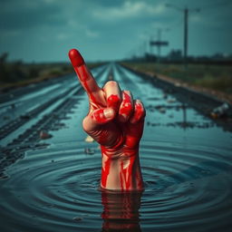 A close-up view of a bloody, damaged red hand emerging from the water, with the elbow partially submerged, pointing a martyrdom finger towards the sky