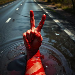 A close-up view of a bloody, damaged red hand emerging from the water, with the elbow partially submerged, pointing a martyrdom finger towards the sky