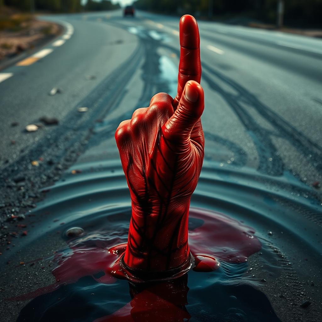 A close-up view of a bloody, damaged red hand emerging from the water, with the elbow partially submerged, pointing a martyrdom finger towards the sky