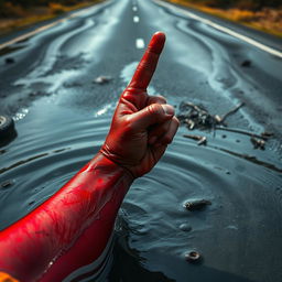 A close-up view of a bloody, damaged red hand emerging from the water, with the elbow partially submerged, pointing a martyrdom finger towards the sky