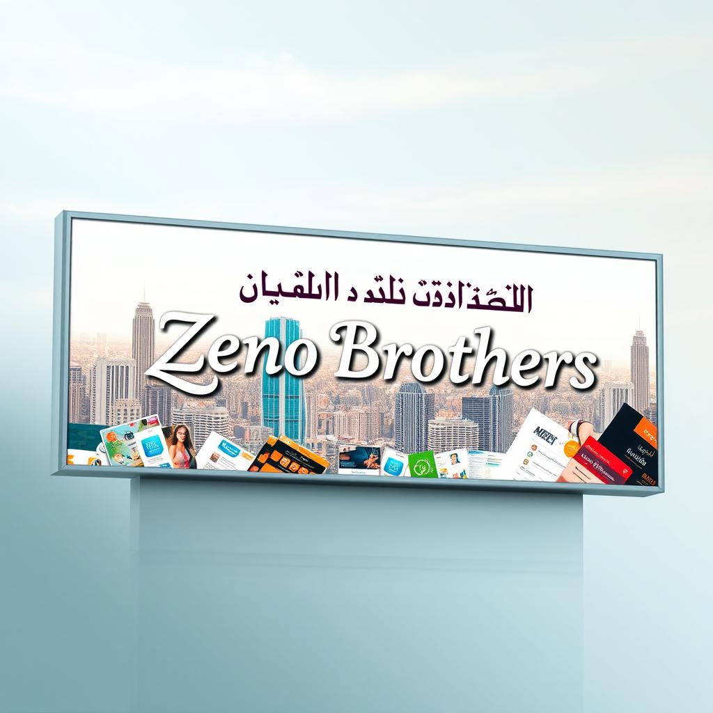 An advertising billboard showcasing the name 'Zeno Brothers Integrated Advertising and Advertising Group' written in elegant classical Arabic calligraphy