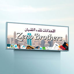 An advertising billboard showcasing the name 'Zeno Brothers Integrated Advertising and Advertising Group' written in elegant classical Arabic calligraphy