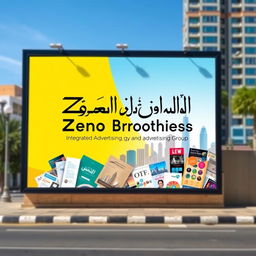 An advertising billboard showcasing the name 'Zeno Brothers Integrated Advertising and Advertising Group' written in elegant classical Arabic calligraphy