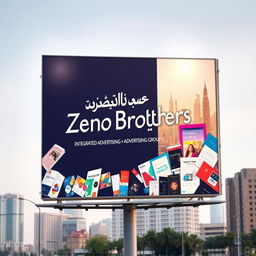 An advertising billboard showcasing the name 'Zeno Brothers Integrated Advertising and Advertising Group' written in elegant classical Arabic calligraphy