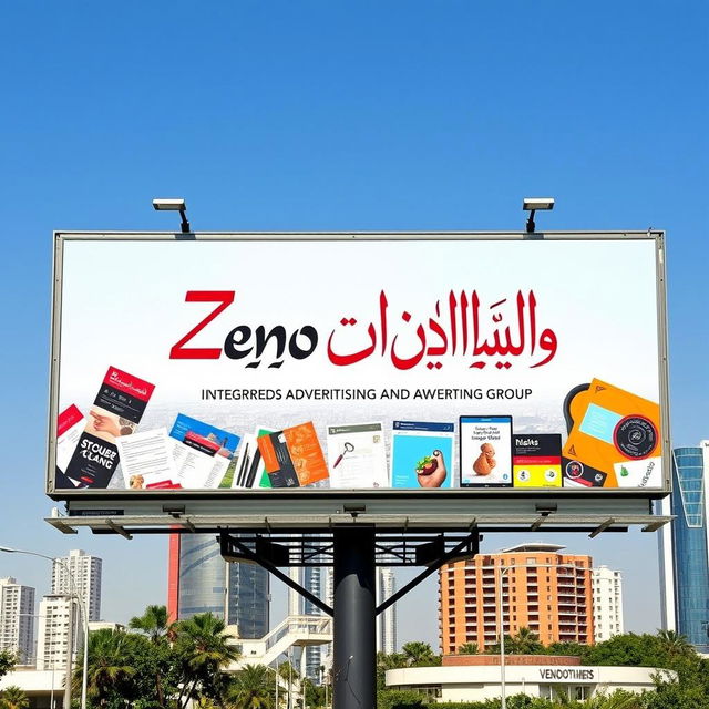 An advertising billboard showcasing the name 'Zeno Brothers Integrated Advertising and Advertising Group' written in elegant classical Arabic calligraphy