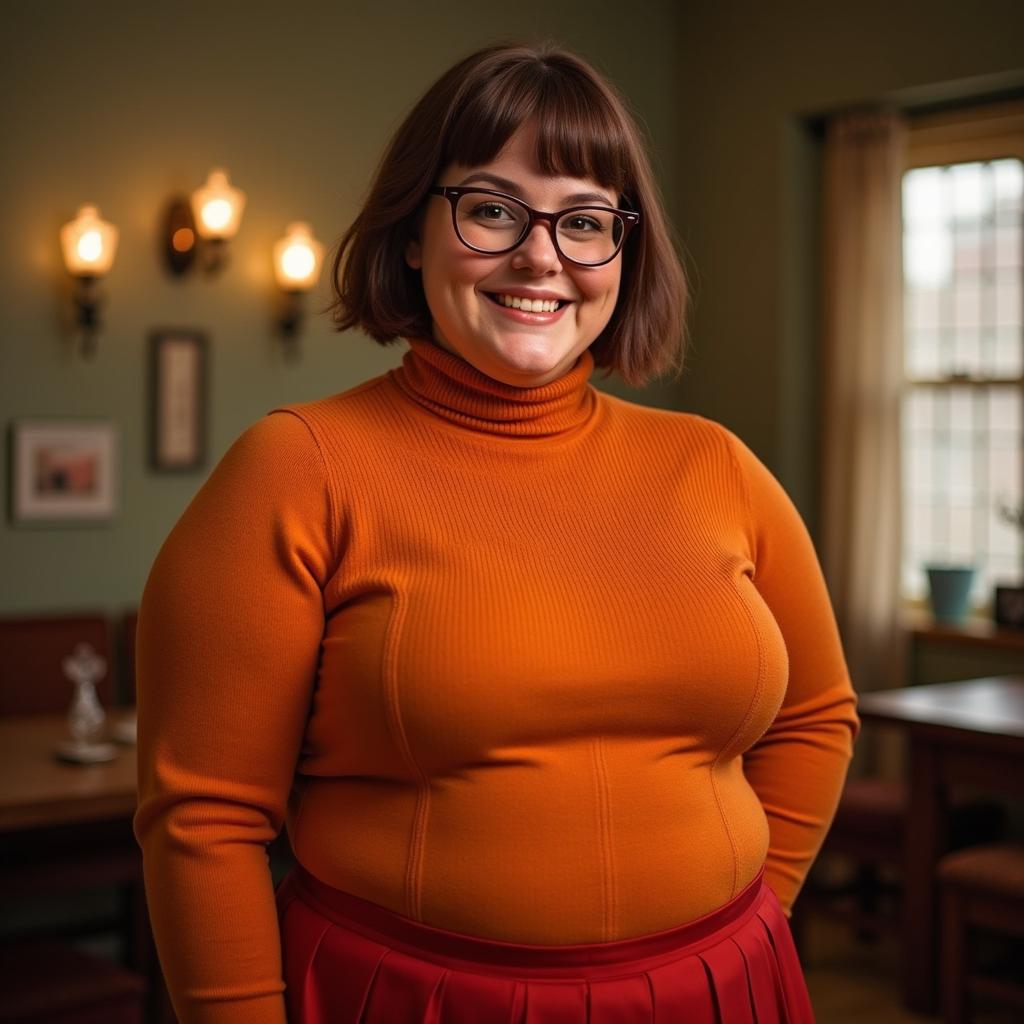 A realistic portrait of a voluptuous woman resembling Velma Dinkley, featuring short brown hair and wearing glasses