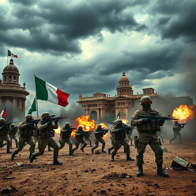 A dramatic scene depicting an imaginative war scenario where Italy is waging war on Syria