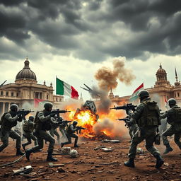 A dramatic scene depicting an imaginative war scenario where Italy is waging war on Syria