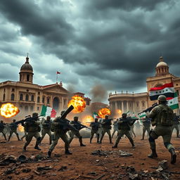 A dramatic scene depicting an imaginative war scenario where Italy is waging war on Syria
