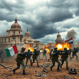 A dramatic scene depicting an imaginative war scenario where Italy is waging war on Syria