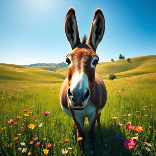 A realistic depiction of a donkey standing in a lush green pasture, surrounded by colorful wildflowers under a bright blue sky