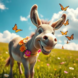A whimsical and playful donkey in a sunny meadow, adorned with colorful flowers around its neck and a big, friendly smile