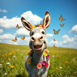 A whimsical and playful donkey in a sunny meadow, adorned with colorful flowers around its neck and a big, friendly smile
