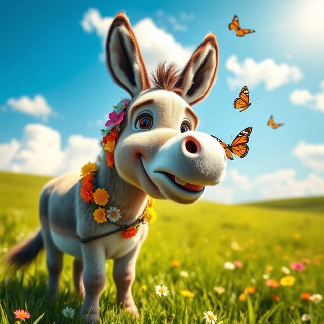 A whimsical and playful donkey in a sunny meadow, adorned with colorful flowers around its neck and a big, friendly smile