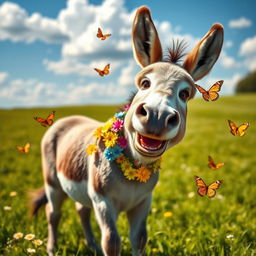 A whimsical and playful donkey in a sunny meadow, adorned with colorful flowers around its neck and a big, friendly smile