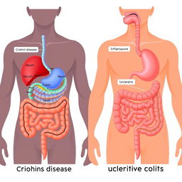 An informative illustration displaying two human digestive systems side by side